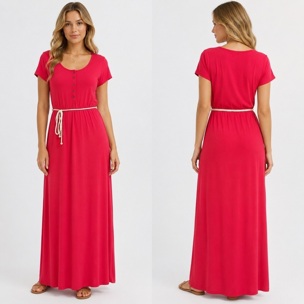 Faded Glory Red Henley Maxi Dress M Rope Belt Casual Boho Beach Coastal Grandma